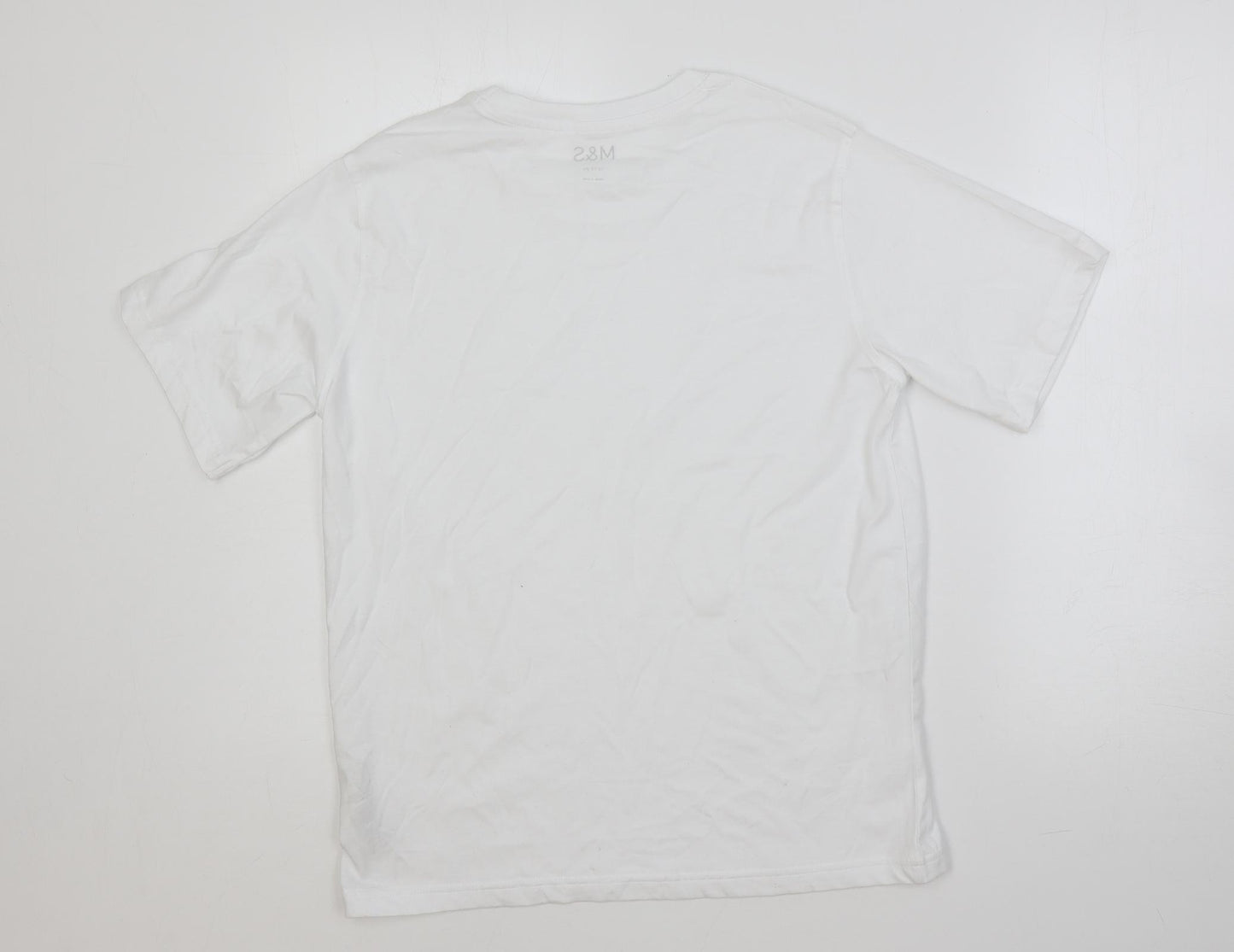 Marks and Spencer Boys White Cotton Basic T-Shirt Size 12-13 Years Crew Neck Pullover