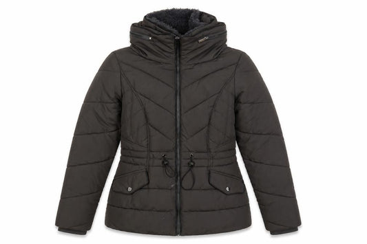 Front view of Oasis women’s green quilted jacket, size XS, zip - adjustable waist