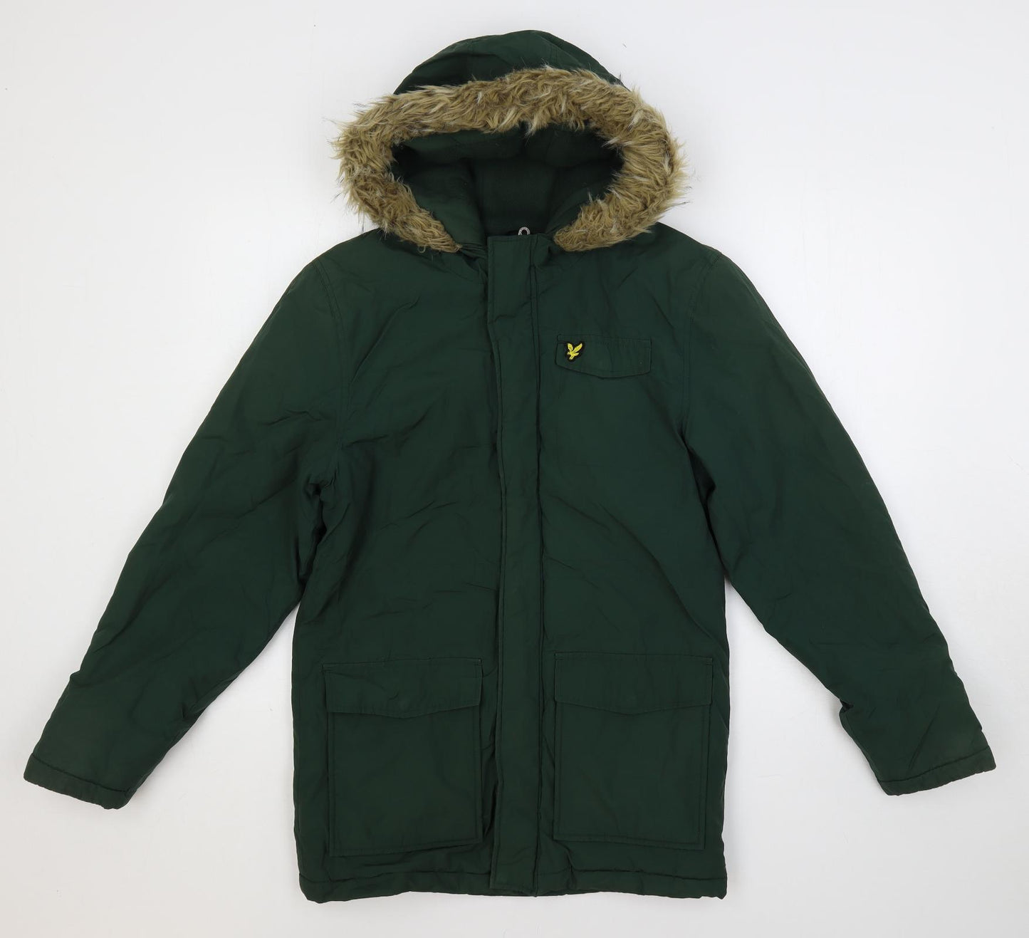 Lyle & Scott Boys Green Parka Coat Size 14-15 Years Zip - Faux Fur Trim