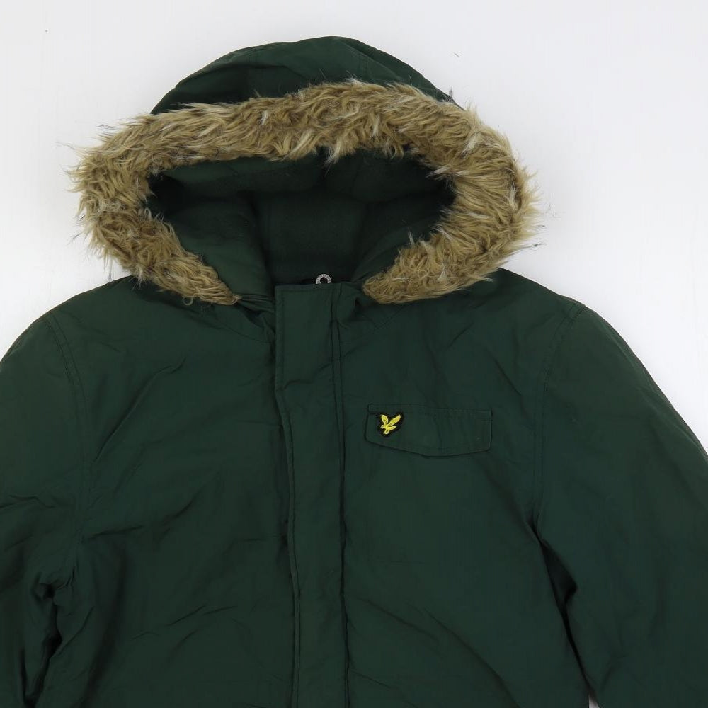 Lyle & Scott Boys Green Parka Coat Size 14-15 Years Zip - Faux Fur Trim
