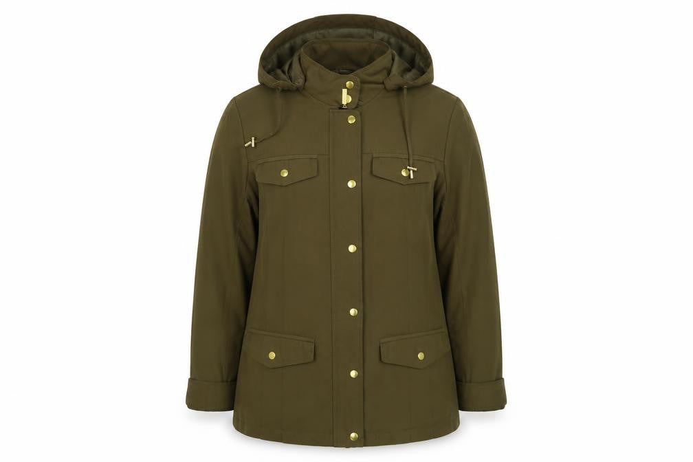 Front view of Clasic women’s green jacket, size UK 12, zip - hooded