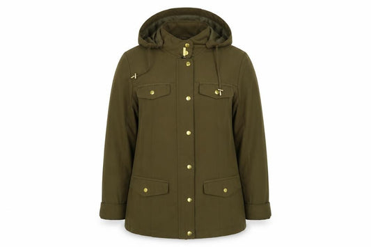 Front view of Clasic women’s green jacket, size UK 12, zip - hooded
