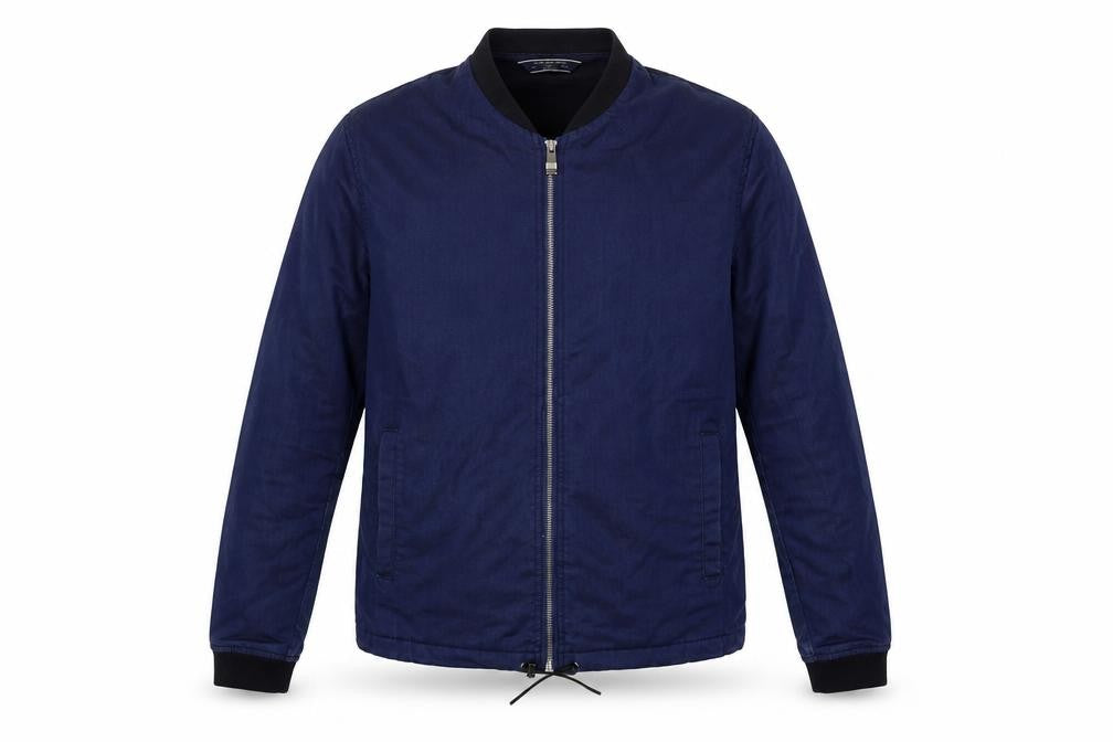Front view of Zara men’s blue jacket, size L, zip