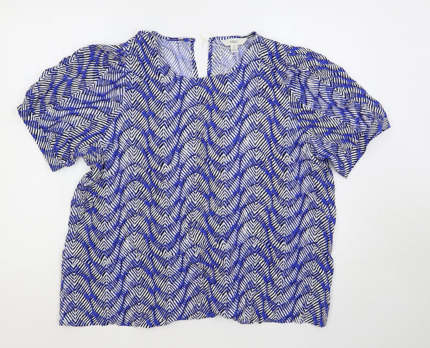 Marks and Spencer Womens Blue Geometric Viscose Basic Blouse Size 18 Round Neck