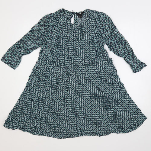 H&M Womens Green Geometric Viscose Trapeze & Swing Size 10 Round Neck Button