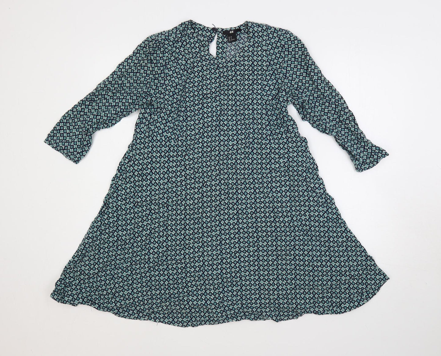 H&M Womens Green Geometric Viscose Trapeze & Swing Size 10 Round Neck Button
