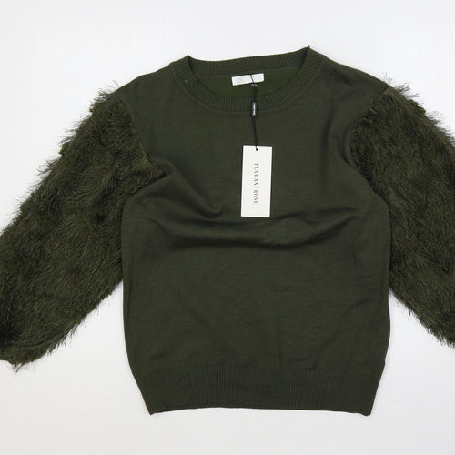 Flamant Rose Womens Green Crew Neck Viscose Pullover Jumper Size S - Sleeve Detail