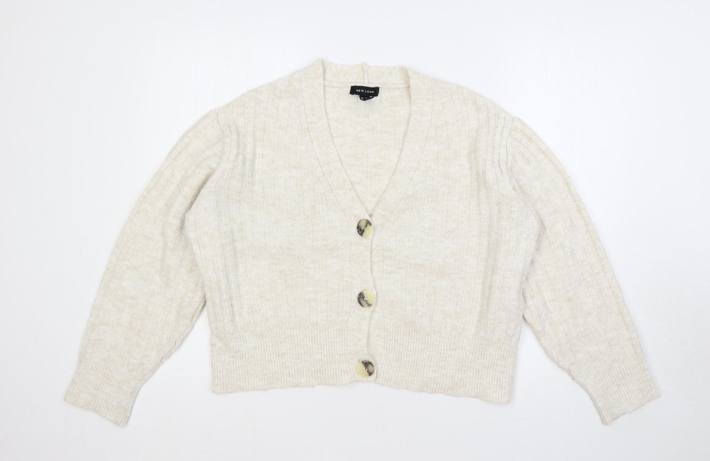 New Look Womens Beige V-Neck Acrylic Cardigan Jumper Size M
