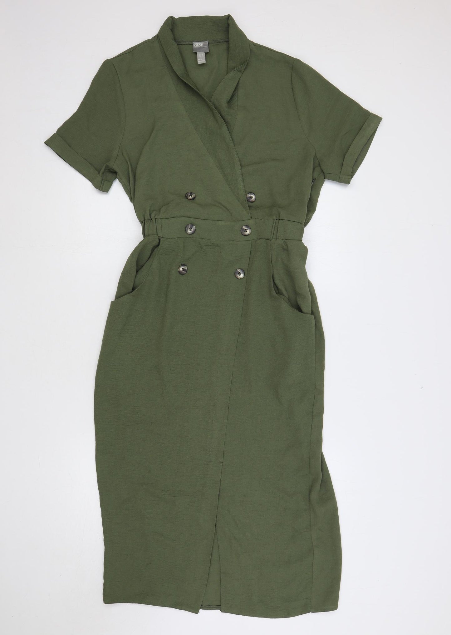 ASOS Womens Green Polyester Shirt Dress Size 10 Collared Button - Elastic Waist