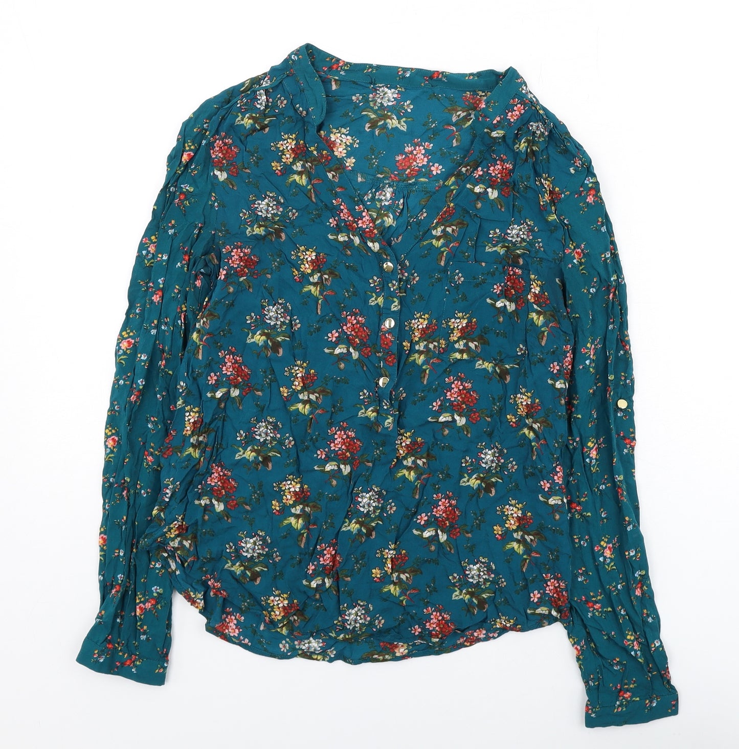 Oasis Womens Green Floral Viscose Basic Blouse Size 12 V-Neck