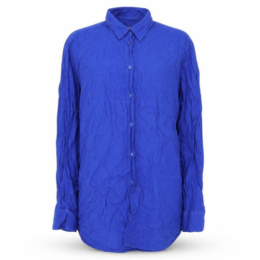 Front view of Next women’s blue cupro basic button-up, size UK 10, collared