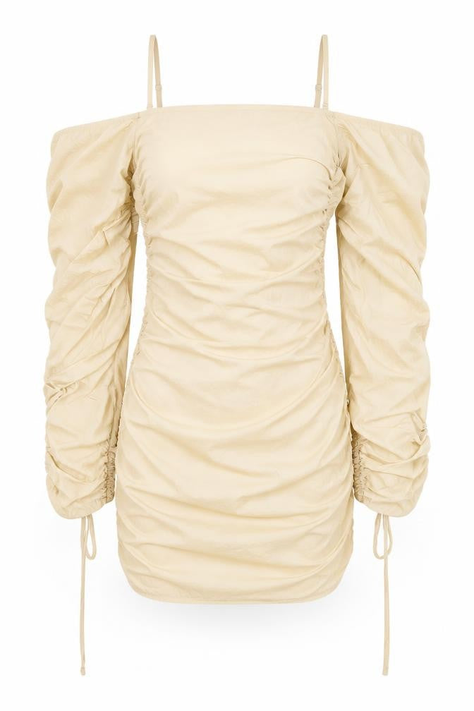 Front view of PRETTYLITTLETHING women’s beige nylon bodycon, size UK 8, square neck zip