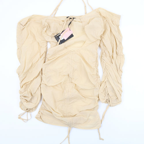PRETTYLITTLETHING Womens Beige Nylon Bodycon Size 8 Square Neck Zip