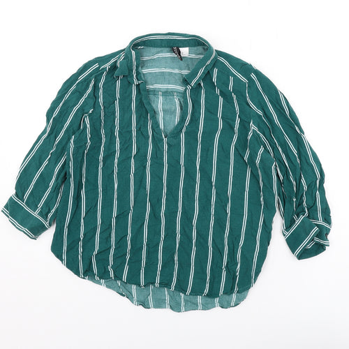 Divided Womens Green Striped Viscose Basic Blouse Size 12 Collared