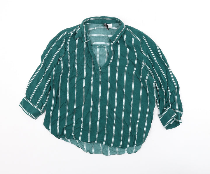 Divided Womens Green Striped Viscose Basic Blouse Size 12 Collared