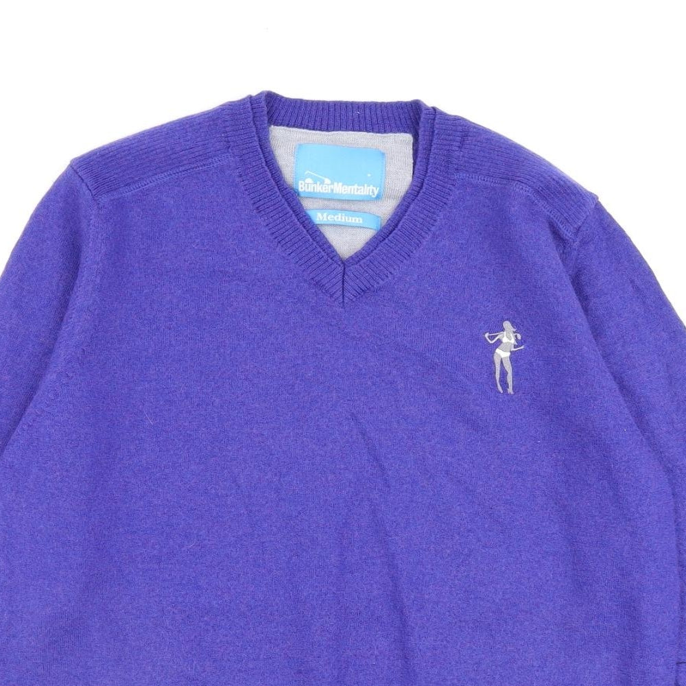 Bunker Mentality Mens Blue V-Neck Wool Pullover Jumper Size M Long Sleeve