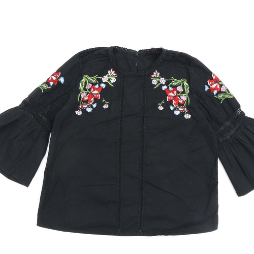 Topshop Womens Black Floral 100% Cotton Basic Blouse Size 8 Round Neck