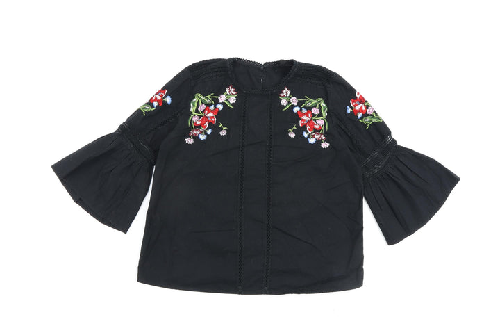 Topshop Womens Black Floral 100% Cotton Basic Blouse Size 8 Round Neck