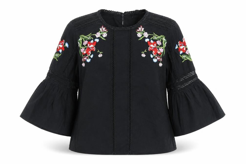Front view of Topshop women’s black floral 100% cotton basic blouse, size UK 8, round neck