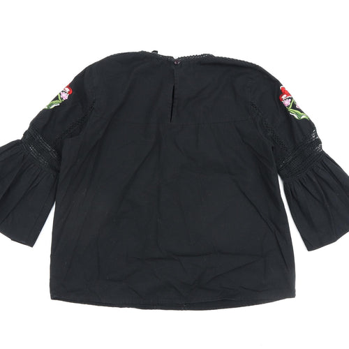 Topshop Womens Black Floral 100% Cotton Basic Blouse Size 8 Round Neck