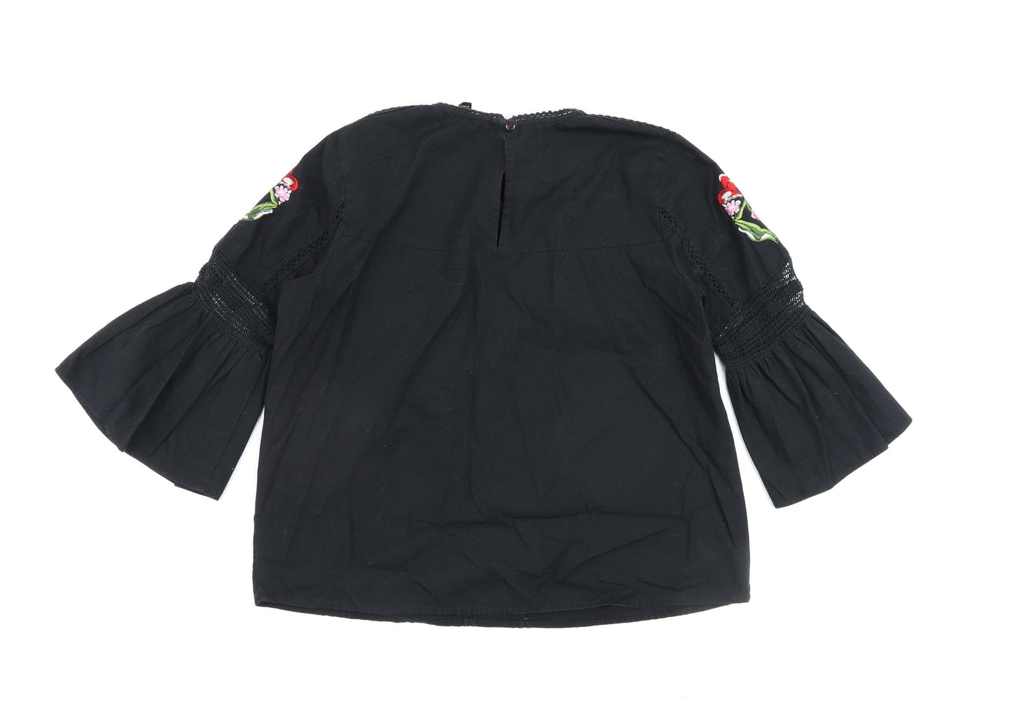 Topshop Womens Black Floral 100% Cotton Basic Blouse Size 8 Round Neck
