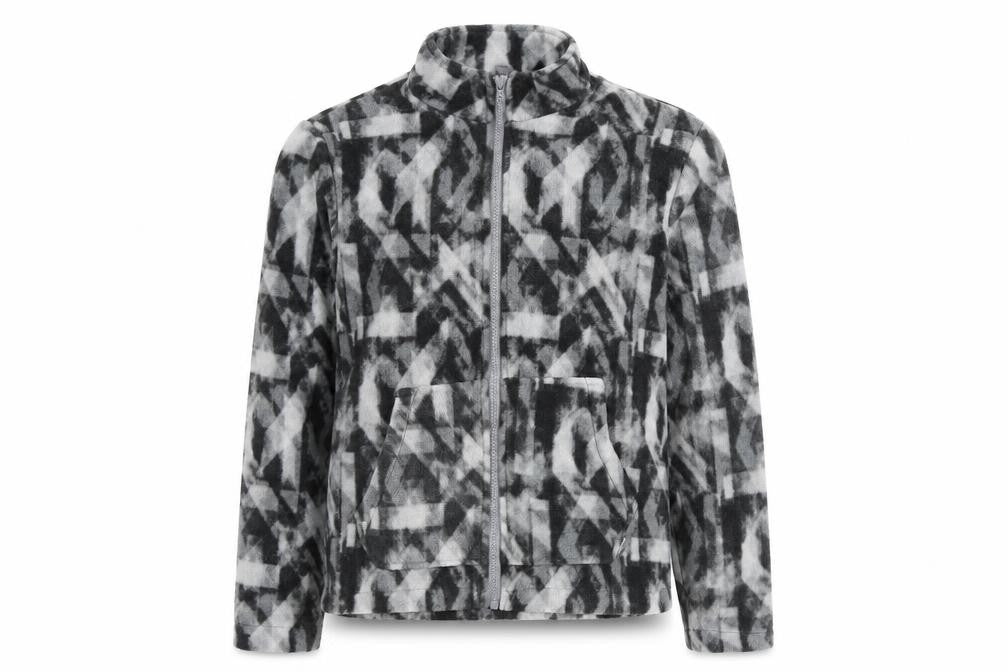 Front view of Eddie Bauer girls’ grey geometric jacket, size 10-11, years zip