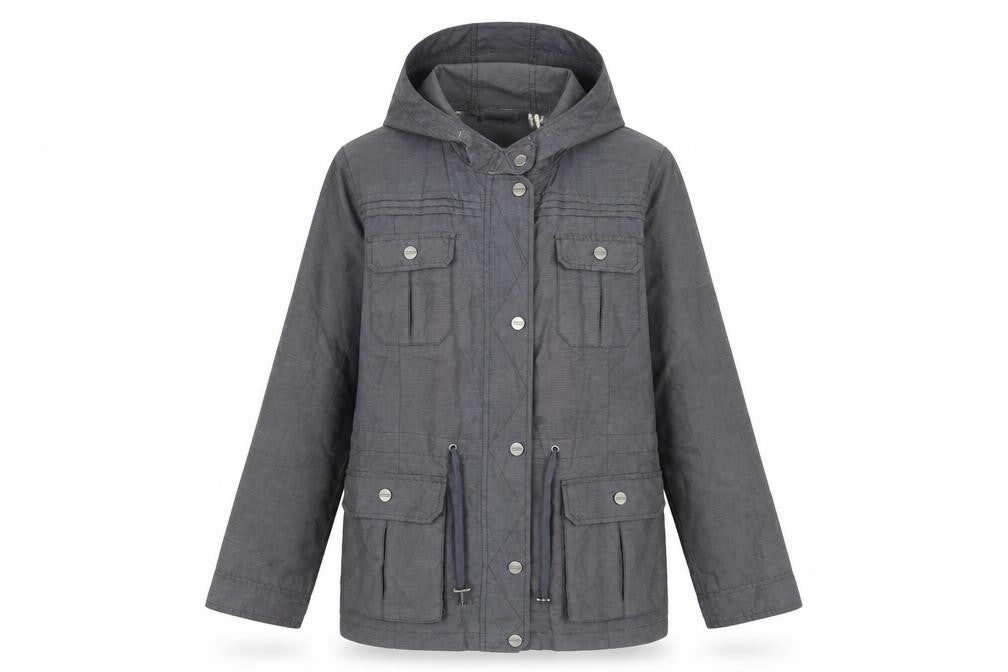Front view of Per Una women’s grey rain coat coat, size UK 14, snap