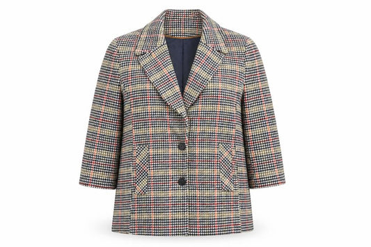 Front view of Debenhams women’s multicoloured check overcoat coat, size UK 18, button