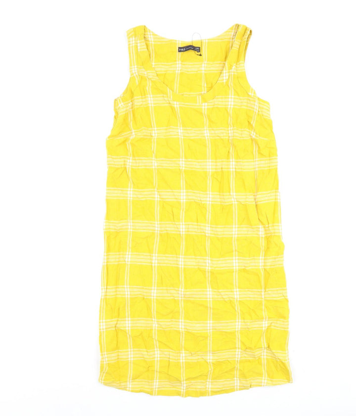 Marks and Spencer Womens Yellow Check Flax A-Line Size 8 Round Neck Pullover