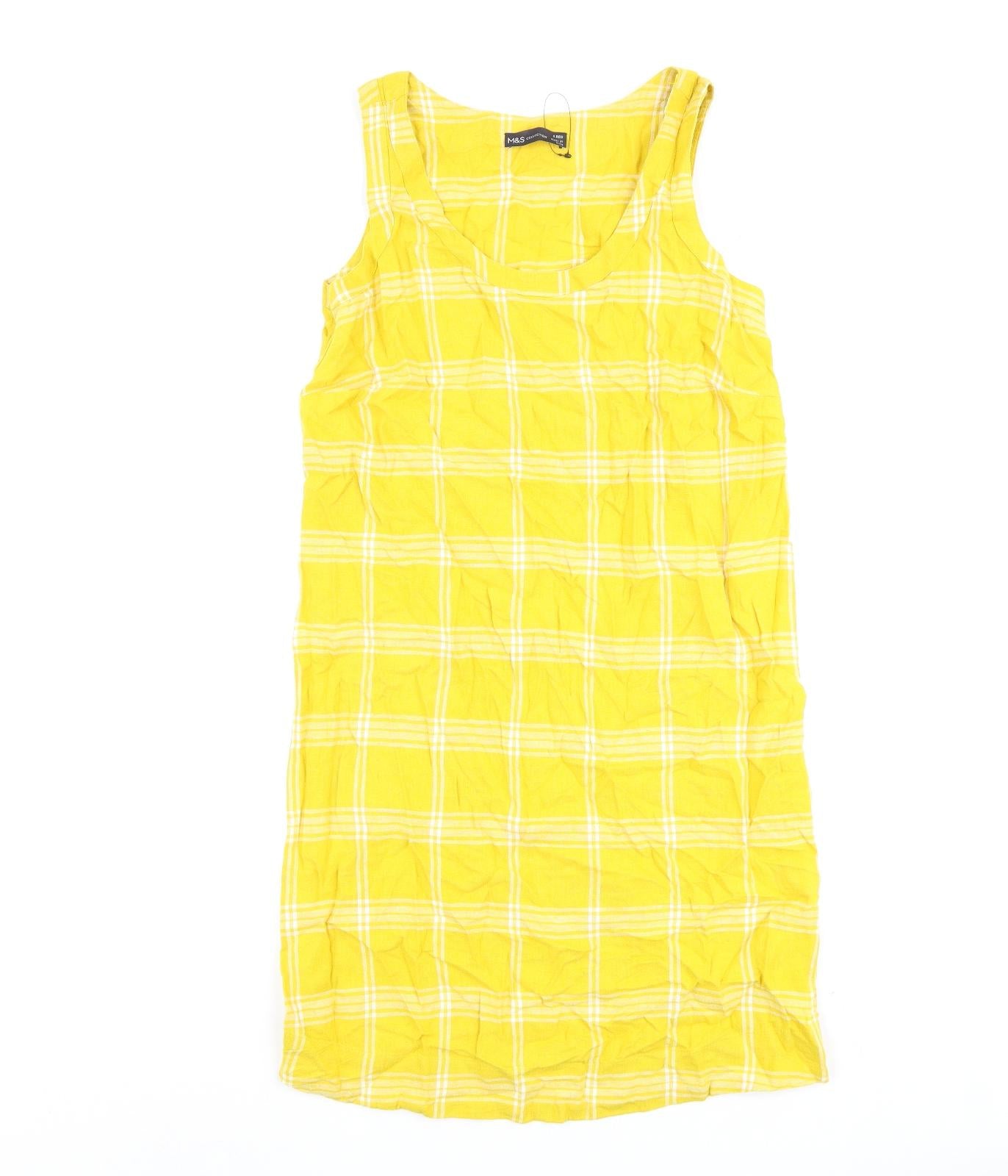 Marks and Spencer Womens Yellow Check Flax A-Line Size 8 Round Neck Pullover
