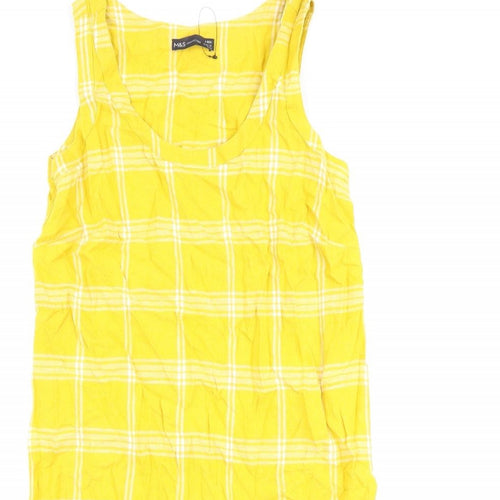 Marks and Spencer Womens Yellow Check Flax A-Line Size 8 Round Neck Pullover