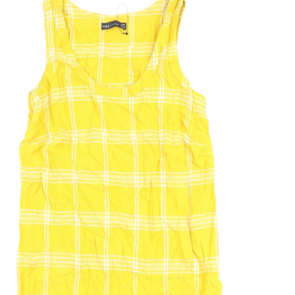 Marks and Spencer Womens Yellow Check Flax A-Line Size 8 Round Neck Pullover