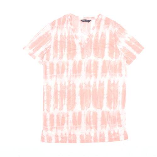 Marks and Spencer Womens Pink Geometric Polyester Basic T-Shirt Size 8 V-Neck