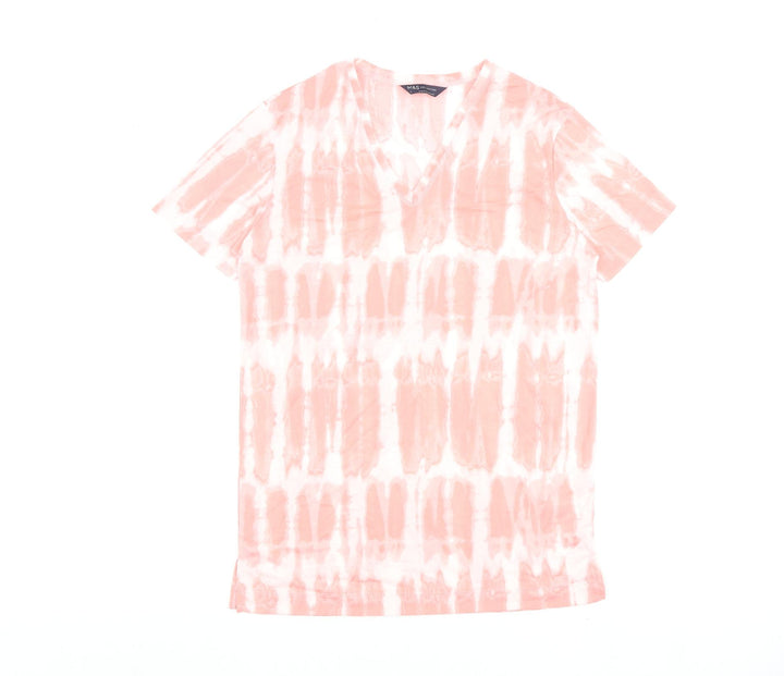 Marks and Spencer Womens Pink Geometric Polyester Basic T-Shirt Size 8 V-Neck