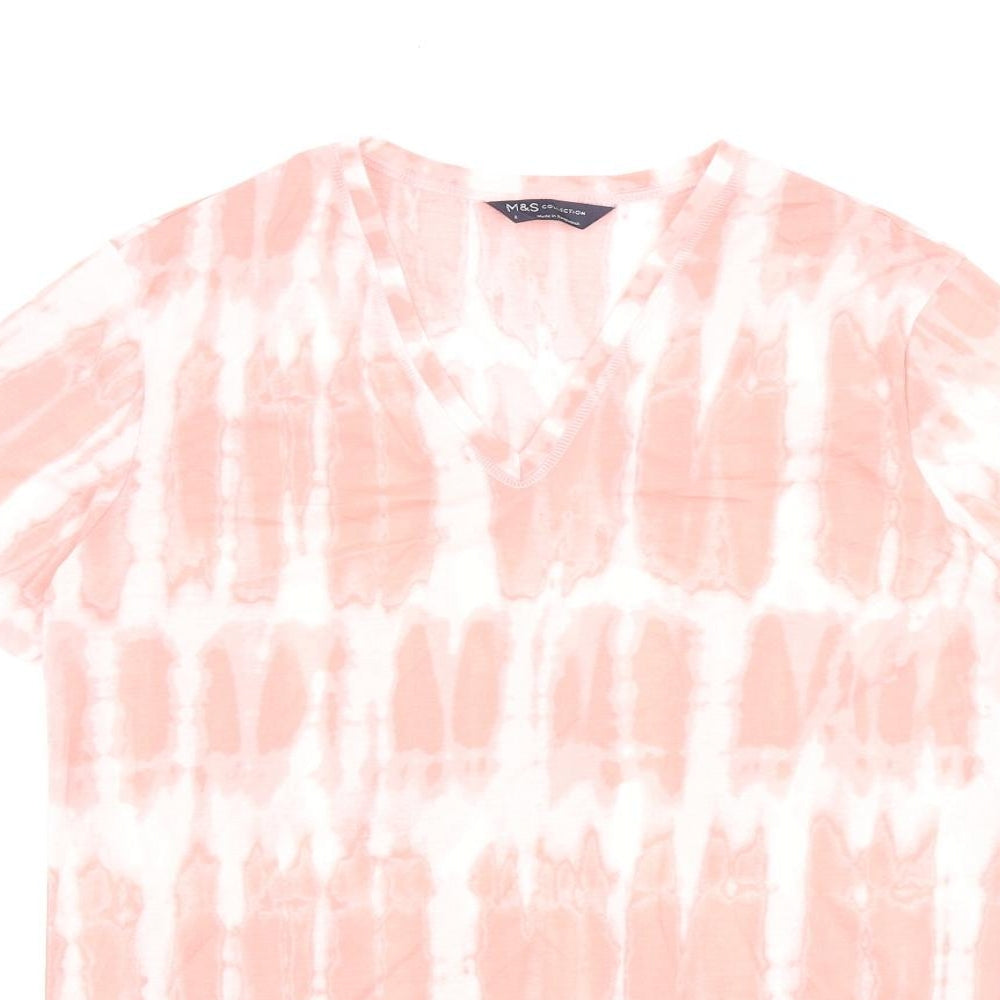 Marks and Spencer Womens Pink Geometric Polyester Basic T-Shirt Size 8 V-Neck