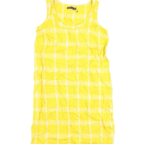 Marks and Spencer Womens Yellow Check Flax A-Line Size 10 Round Neck Pullover