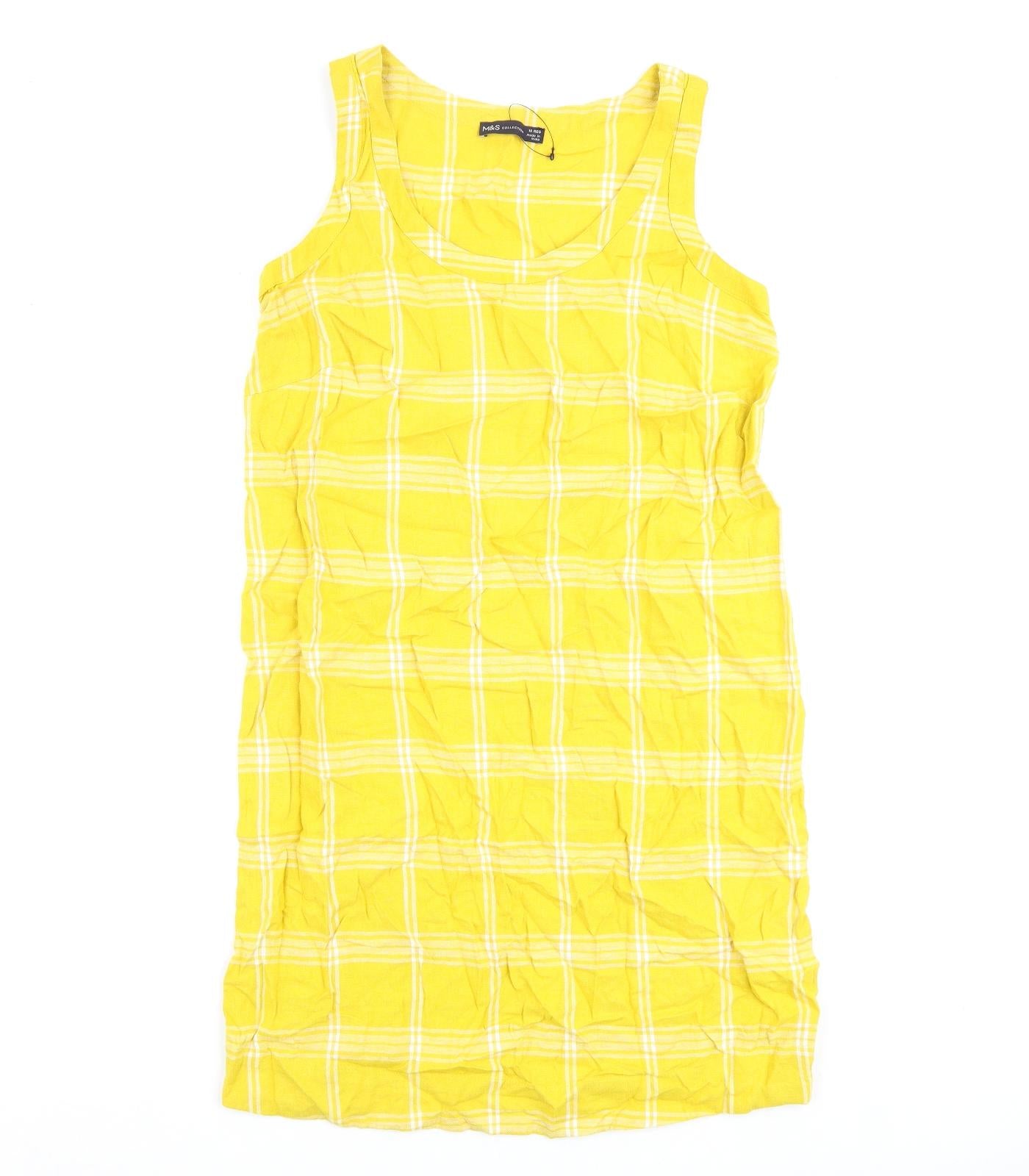 Marks and Spencer Womens Yellow Check Flax A-Line Size 10 Round Neck Pullover