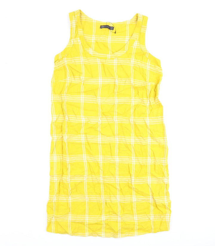 Marks and Spencer Womens Yellow Check Flax A-Line Size 10 Round Neck Pullover
