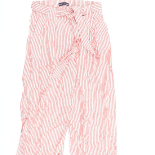 Marks and Spencer Womens Red Striped Flax Trousers Size 10 L23 in Regular Zip