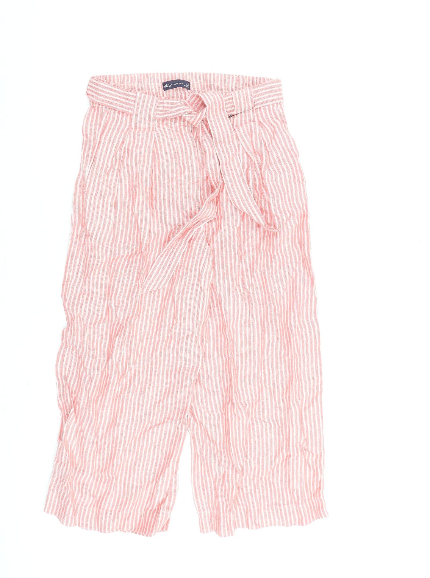 Marks and Spencer Womens Red Striped Flax Trousers Size 10 L23 in Regular Zip