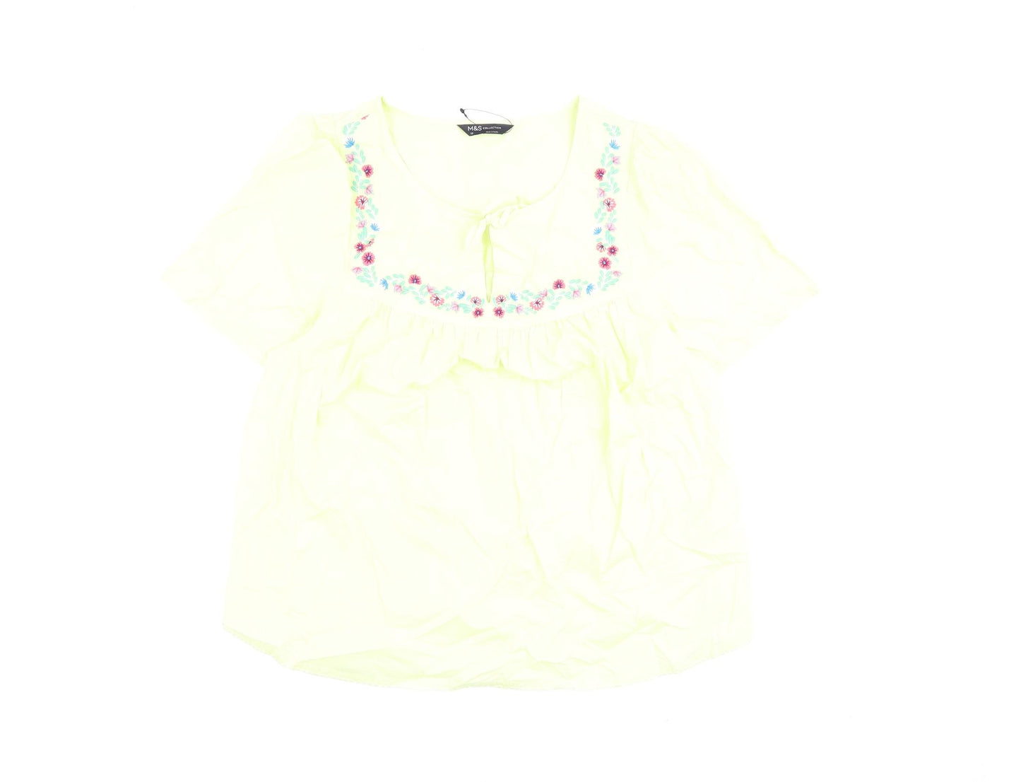 Marks and Spencer Womens Green Floral 100% Cotton Basic Blouse Size 12 Round Neck