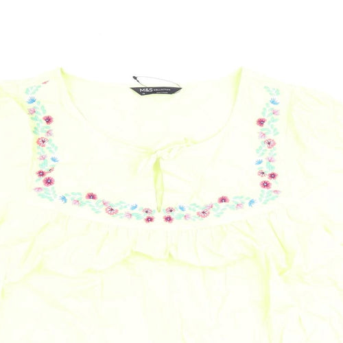 Marks and Spencer Womens Green Floral 100% Cotton Basic Blouse Size 12 Round Neck