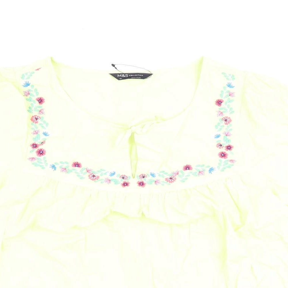 Marks and Spencer Womens Green Floral 100% Cotton Basic Blouse Size 12 Round Neck