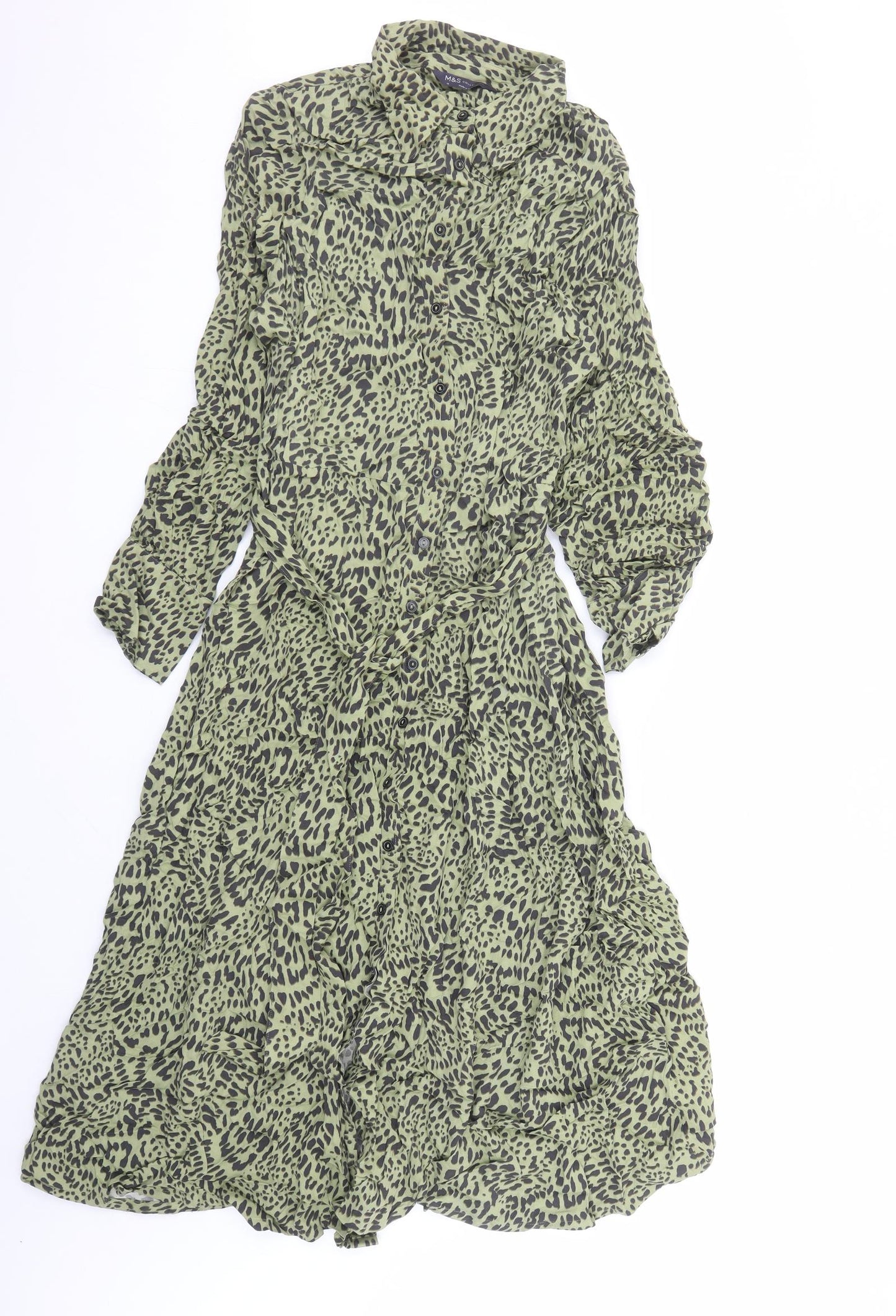 Marks and Spencer Womens Green Animal Print Viscose Shirt Dress Size 18 Collared Button - Leopard Pattern