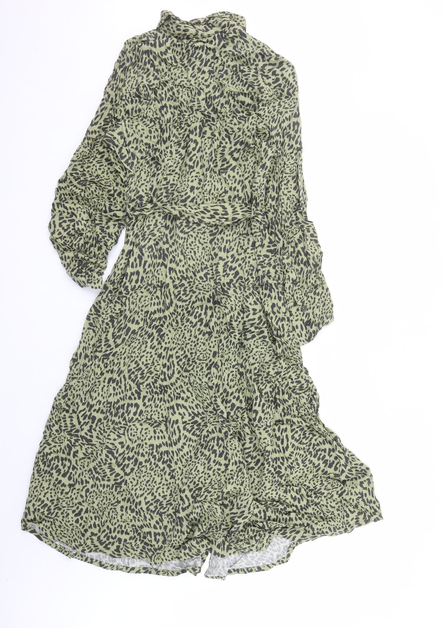 Marks and Spencer Womens Green Animal Print Viscose Shirt Dress Size 18 Collared Button - Leopard Pattern