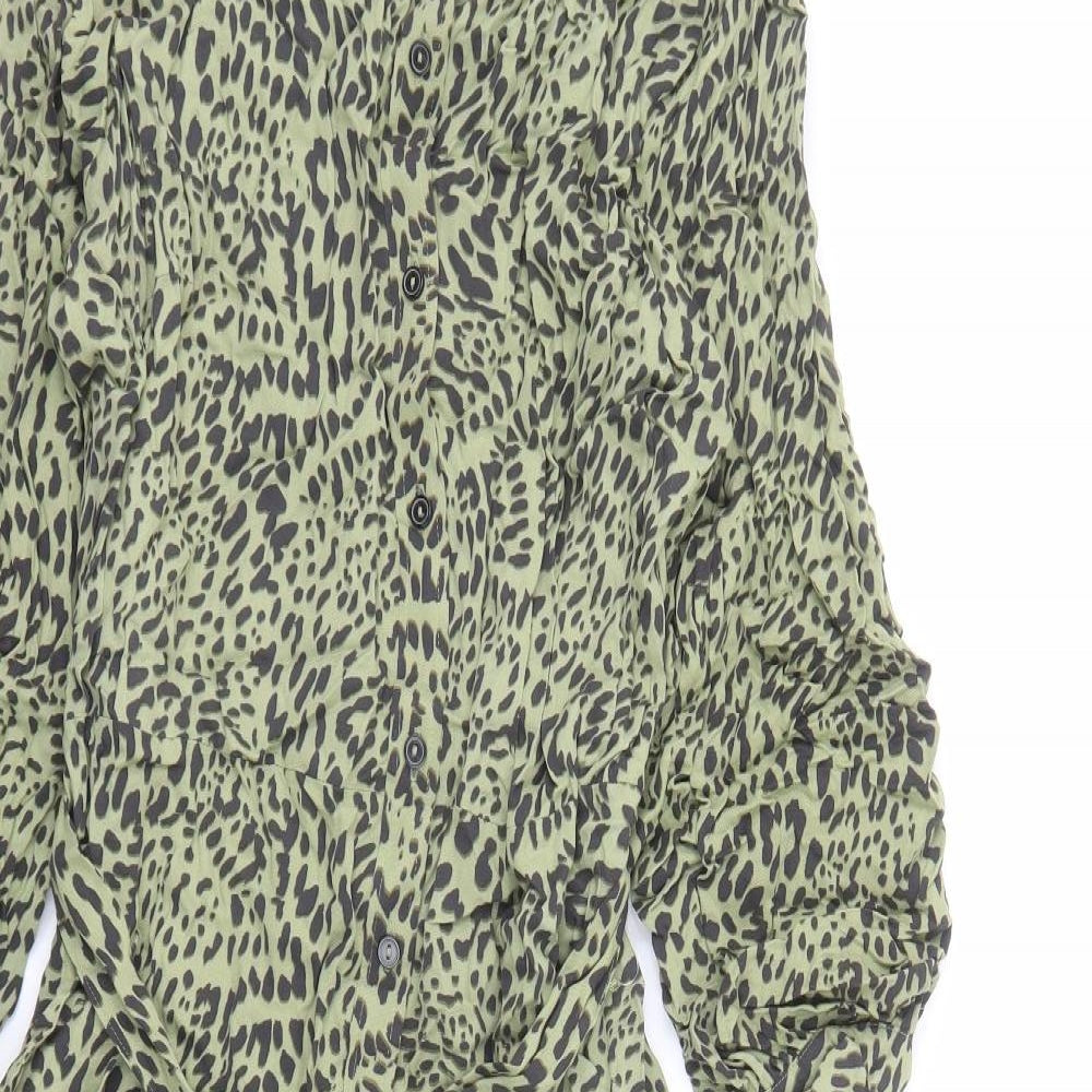 Marks and Spencer Womens Green Animal Print Viscose Shirt Dress Size 18 Collared Button - Leopard Pattern