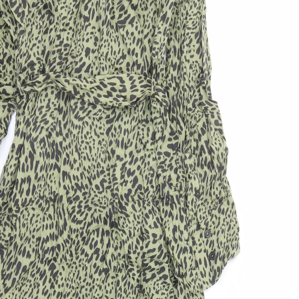 Marks and Spencer Womens Green Animal Print Viscose Shirt Dress Size 18 Collared Button - Leopard Pattern