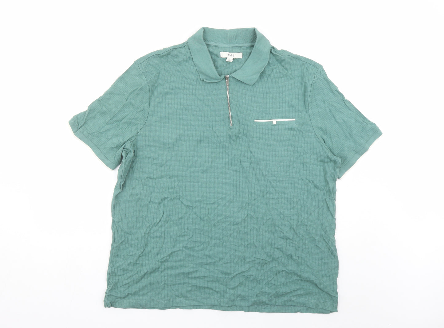 Marks and Spencer Mens Green Cotton Polo Size XL Collared Zip