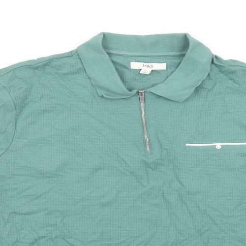 Marks and Spencer Mens Green Cotton Polo Size XL Collared Zip