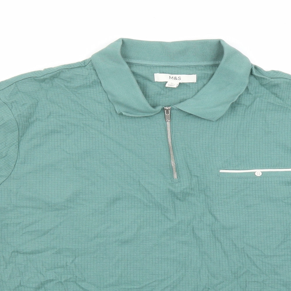 Marks and Spencer Mens Green Cotton Polo Size XL Collared Zip